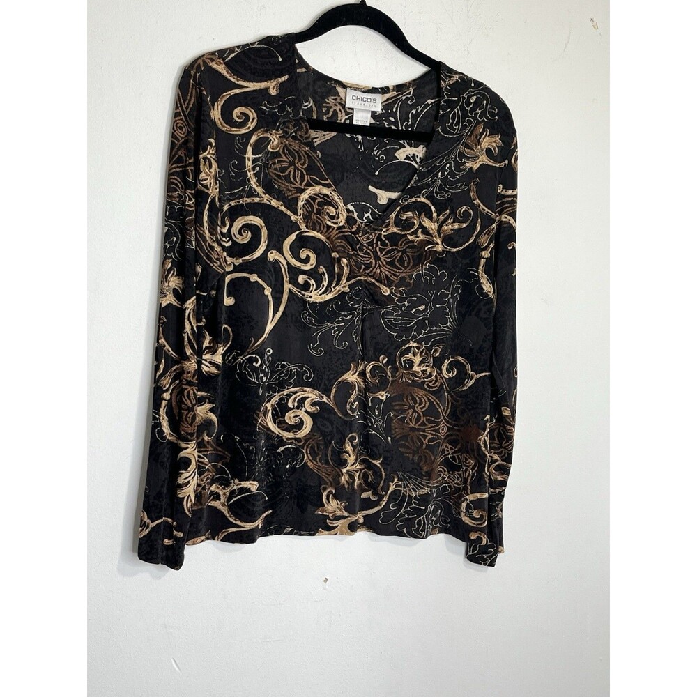 Chicos Travelers Damask Victoria Regency Long Sleeve Blouse Shirt Womens 2 L  13